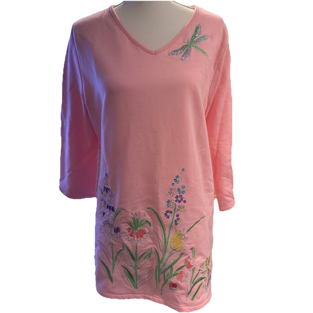 Quacker Factory Embroidered 3/4 Sleeve Top Flowers Dragonfly Sparkle Size Large‎